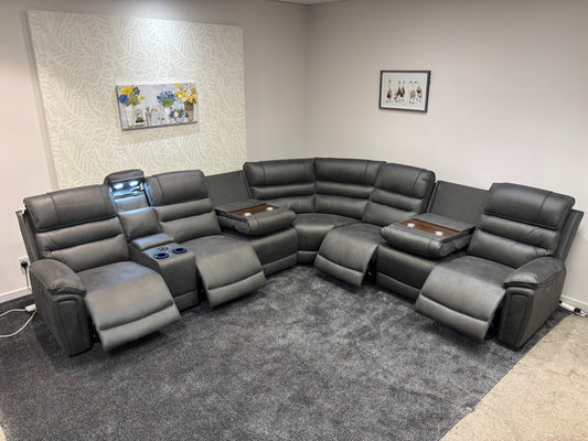 Donald Grey Suede Easy Clean Fabric Cinema Tech 3C3C Modular Power Recliner Corner Sofa – 4 Recliners, Cooling Cup Holders & Wireless Charging