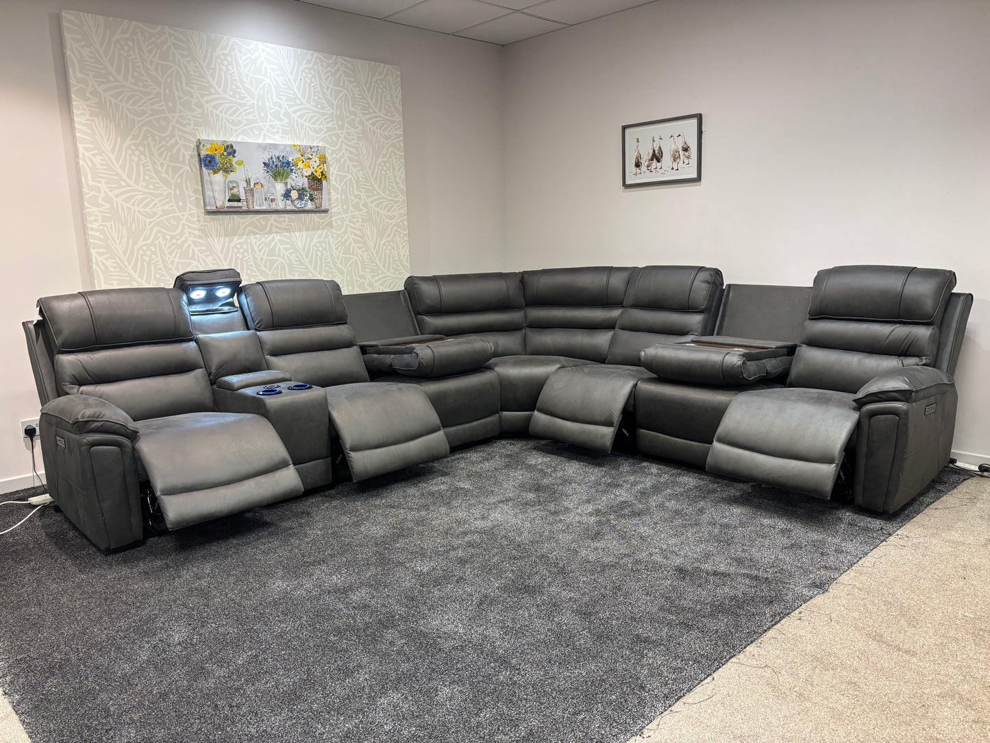 Donald Grey Suede Easy Clean Fabric Cinema Tech 3C3C Modular Power Recliner Corner Sofa – 4 Recliners, Cooling Cup Holders & Wireless Charging