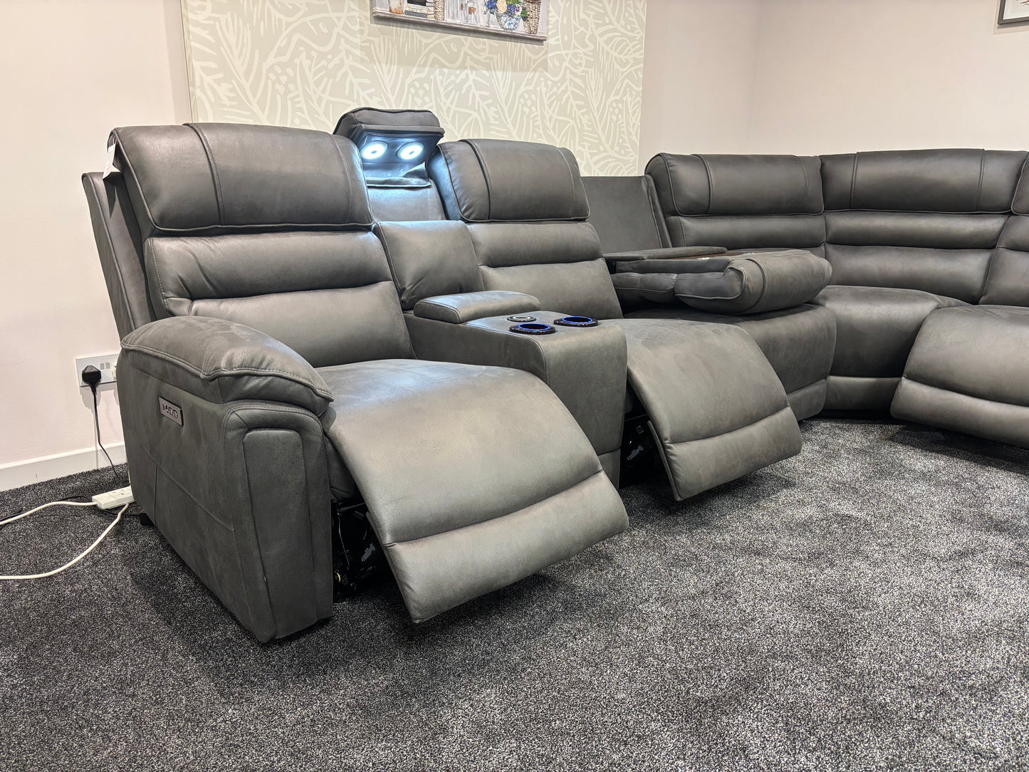 Donald Grey Suede Easy Clean Fabric Cinema Tech 3C3C Modular Power Recliner Corner Sofa – 4 Recliners, Cooling Cup Holders & Wireless Charging