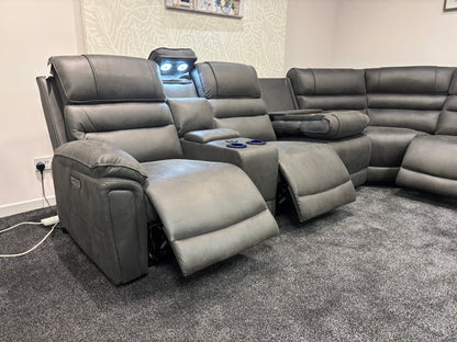 Donald Grey Suede Easy Clean Fabric Cinema Tech 3C3C Modular Power Recliner Corner Sofa – 4 Recliners, Cooling Cup Holders & Wireless Charging