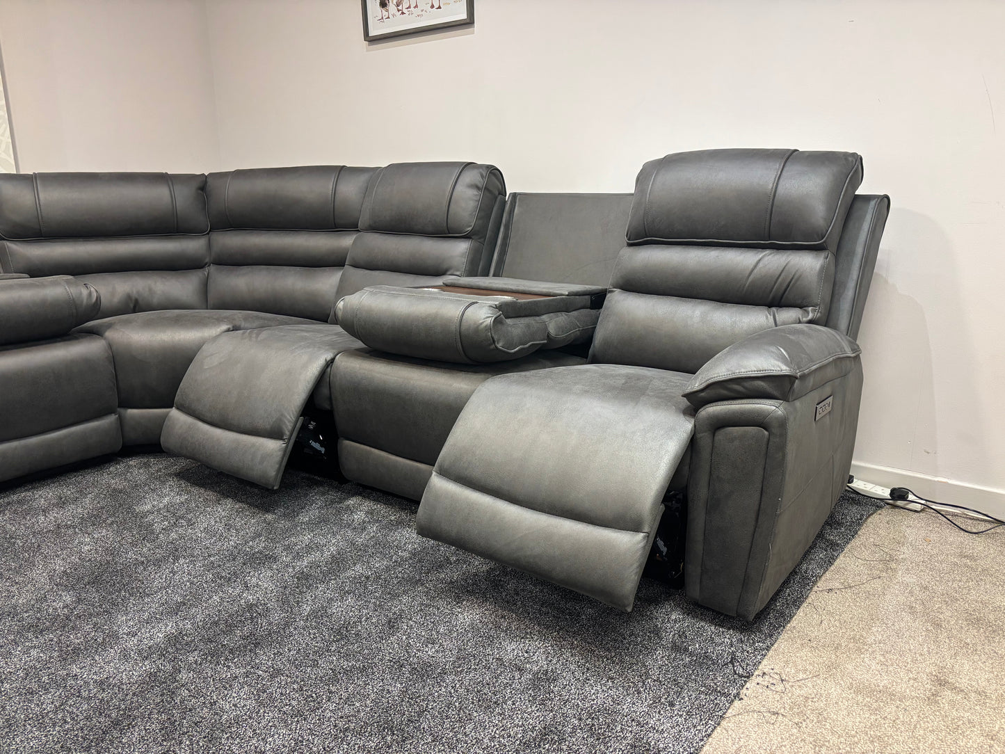 Donald Grey Suede Easy Clean Fabric Cinema Tech 3C3C Modular Power Recliner Corner Sofa – 4 Recliners, Cooling Cup Holders & Wireless Charging