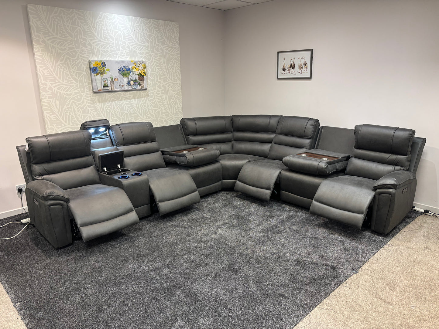 Donald Grey Suede Easy Clean Fabric Cinema Tech 3C3C Modular Power Recliner Corner Sofa – 4 Recliners, Cooling Cup Holders & Wireless Charging