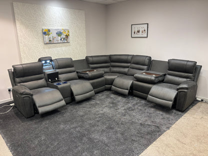 Donald Grey Suede Easy Clean Fabric Cinema Tech 3C3C Modular Power Recliner Corner Sofa – 4 Recliners, Cooling Cup Holders & Wireless Charging