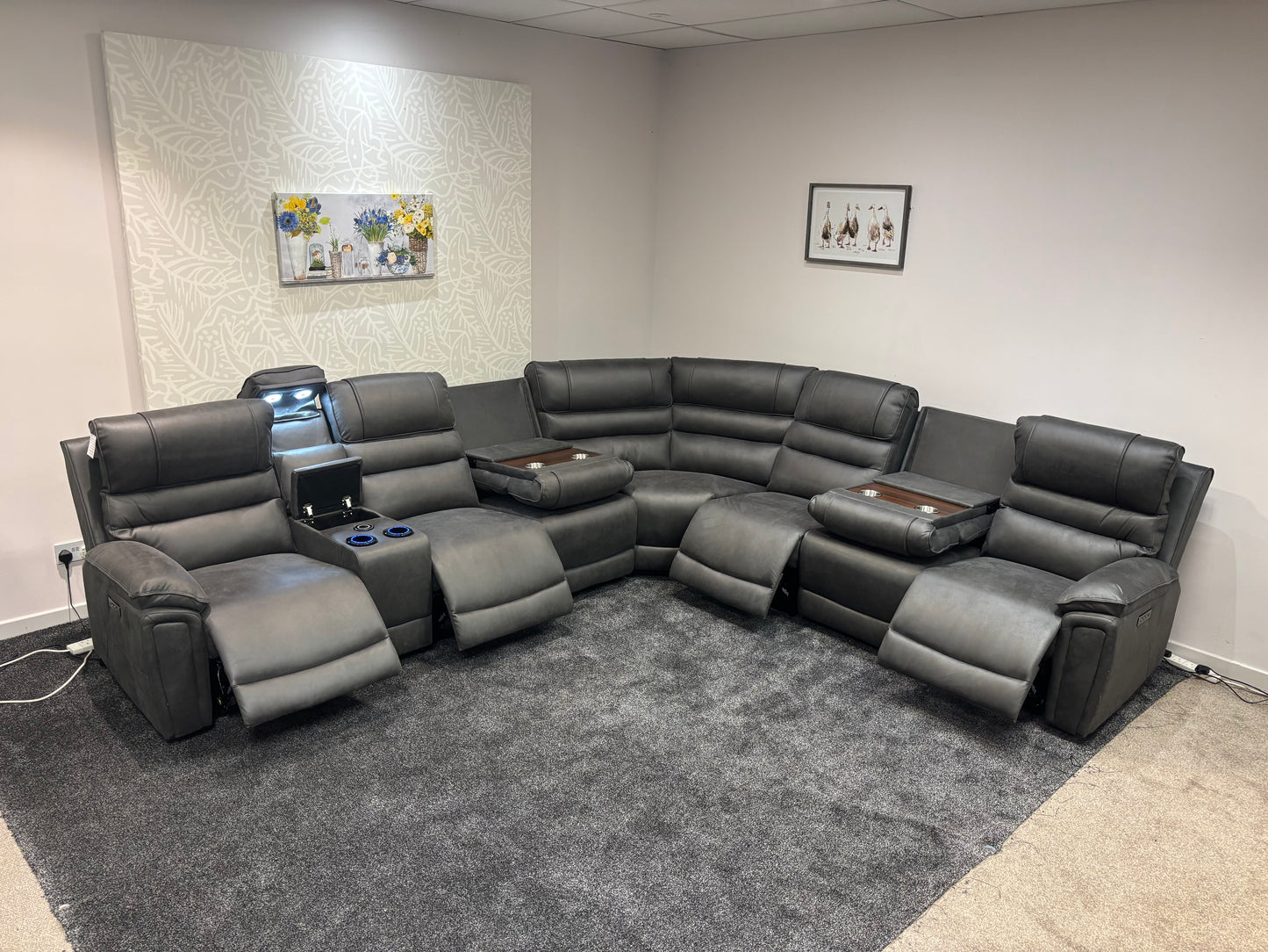 Donald Grey Suede Easy Clean Fabric Cinema Tech 3C3C Modular Power Recliner Corner Sofa – 4 Recliners, Cooling Cup Holders & Wireless Charging