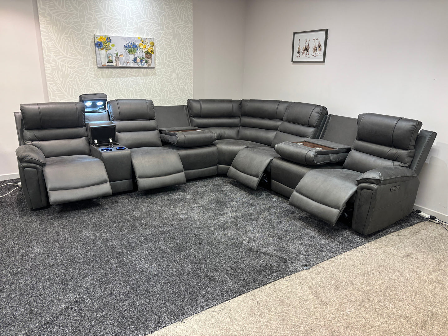 Donald Grey Suede Easy Clean Fabric Cinema Tech 3C3C Modular Power Recliner Corner Sofa – 4 Recliners, Cooling Cup Holders & Wireless Charging