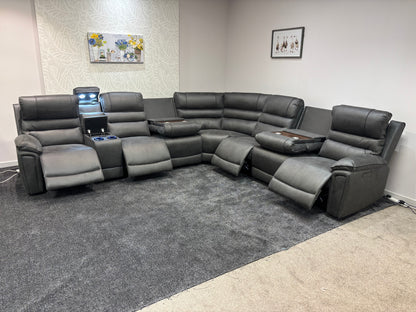 Donald Grey Suede Easy Clean Fabric Cinema Tech 3C3C Modular Power Recliner Corner Sofa – 4 Recliners, Cooling Cup Holders & Wireless Charging