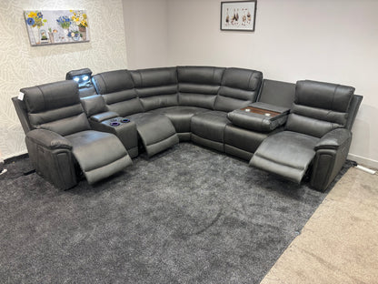 Donald Grey Suede Easy Clean Fabric Cinema Tech 3C2C Modular Power Recliner Corner Sofa – 3 Recliners, Cooling Cup Holders & Wireless Charging