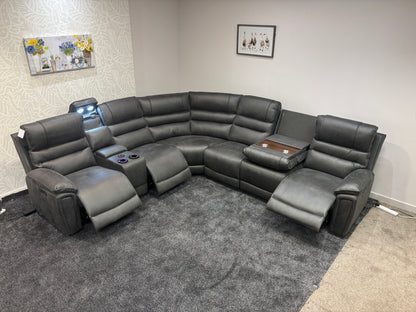 Donald Grey Suede Easy Clean Fabric Cinema Tech 3C2C Modular Power Recliner Corner Sofa – 3 Recliners, Cooling Cup Holders & Wireless Charging