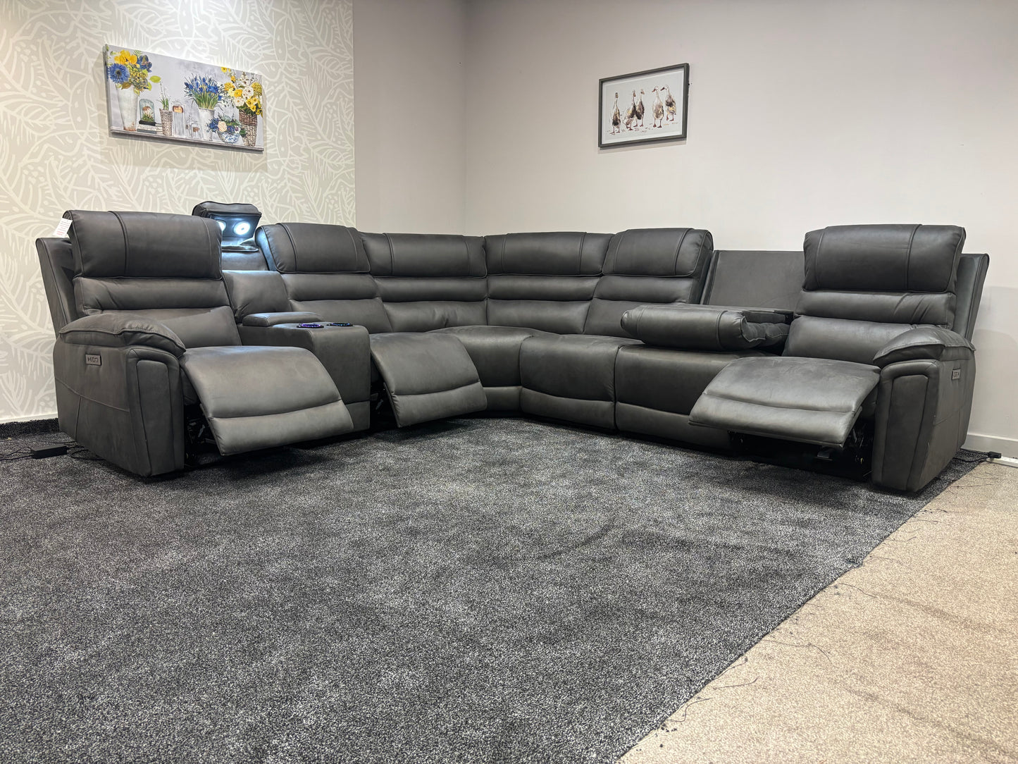 Donald Grey Suede Easy Clean Fabric Cinema Tech 3C2C Modular Power Recliner Corner Sofa – 3 Recliners, Cooling Cup Holders & Wireless Charging