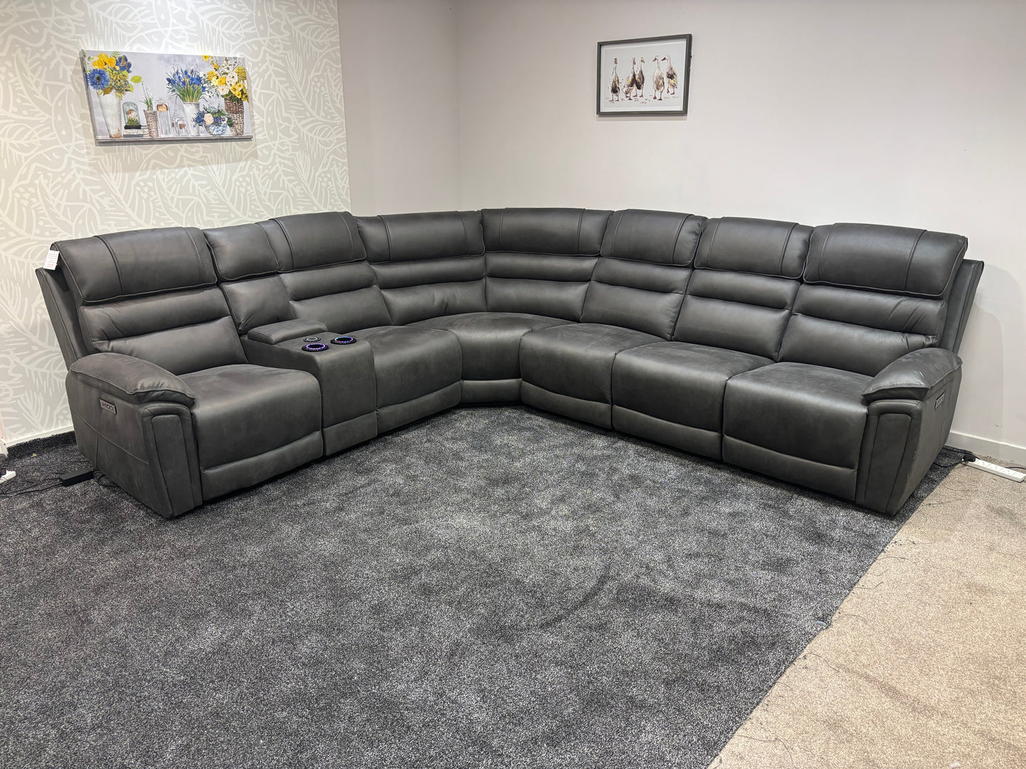 Donald Grey Suede Easy Clean Fabric Cinema Tech 3C2C Modular Power Recliner Corner Sofa – 3 Recliners, Cooling Cup Holders & Wireless Charging