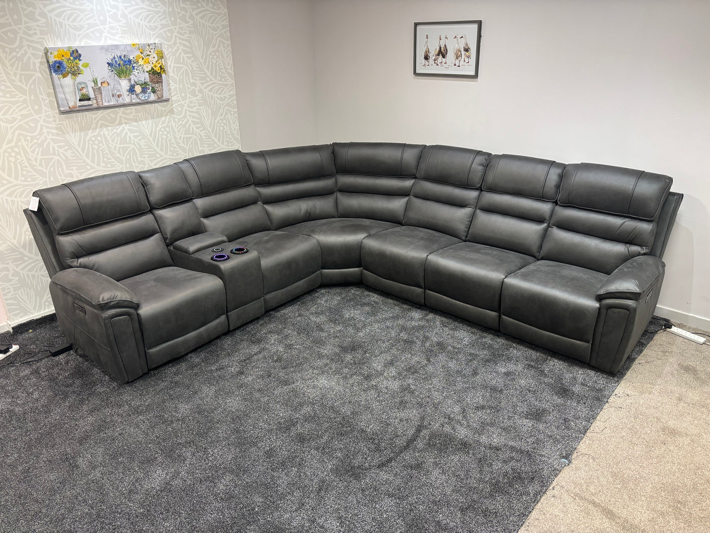 Donald Grey Suede Easy Clean Fabric Cinema Tech 3C2C Modular Power Recliner Corner Sofa – 3 Recliners, Cooling Cup Holders & Wireless Charging