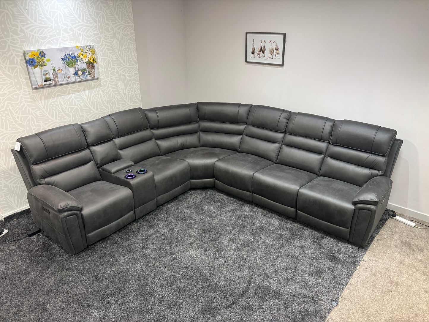 Donald Grey Suede Easy Clean Fabric Cinema Tech 3C2C Modular Power Recliner Corner Sofa – 3 Recliners, Cooling Cup Holders & Wireless Charging