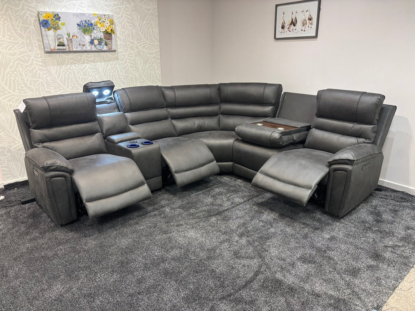 Donald Cinema Tech 2C2C Easy-Clean Suede Fabric Modular Power Recliner Corner Sofa – 3 Recliners, Drinks Coolers &amp; Wireless Charging