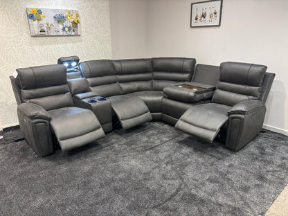Donald Cinema Tech 2C2C Easy-Clean Suede Fabric Modular Power Recliner Corner Sofa – 3 Recliners, Drinks Coolers &amp; Wireless Charging