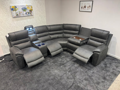 Donald Cinema Tech 2C2C Easy-Clean Suede Fabric Modular Power Recliner Corner Sofa – 3 Recliners, Drinks Coolers &amp; Wireless Charging