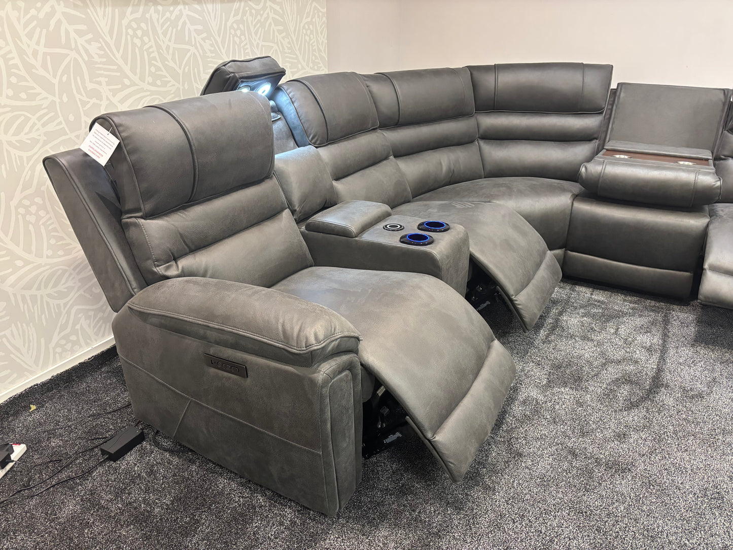 Donald Cinema Tech 2C2C Easy-Clean Suede Fabric Modular Power Recliner Corner Sofa – 3 Recliners, Drinks Coolers &amp; Wireless Charging
