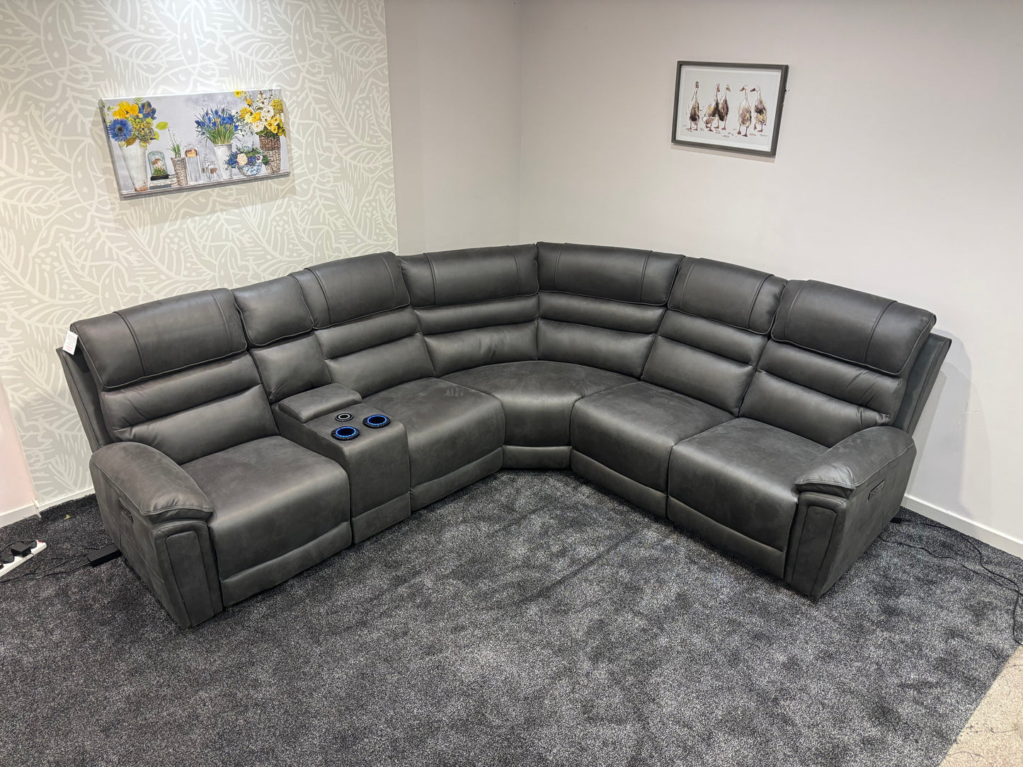 Donald Cinema Tech 2C2C Easy-Clean Suede Fabric Modular Power Recliner Corner Sofa – 3 Recliners, Drinks Coolers &amp; Wireless Charging