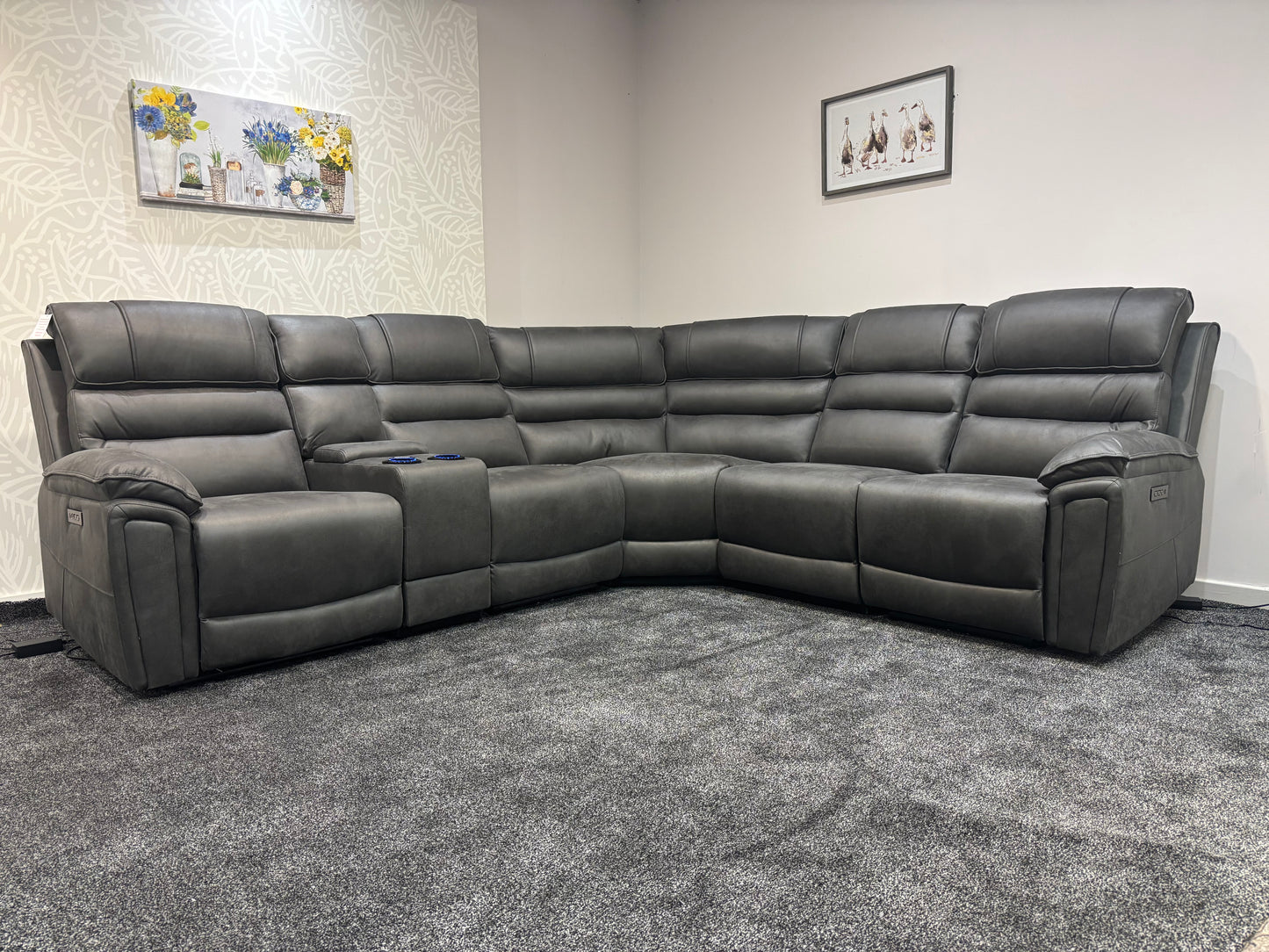 Donald Cinema Tech 2C2C Easy-Clean Suede Fabric Modular Power Recliner Corner Sofa – 3 Recliners, Drinks Coolers &amp; Wireless Charging