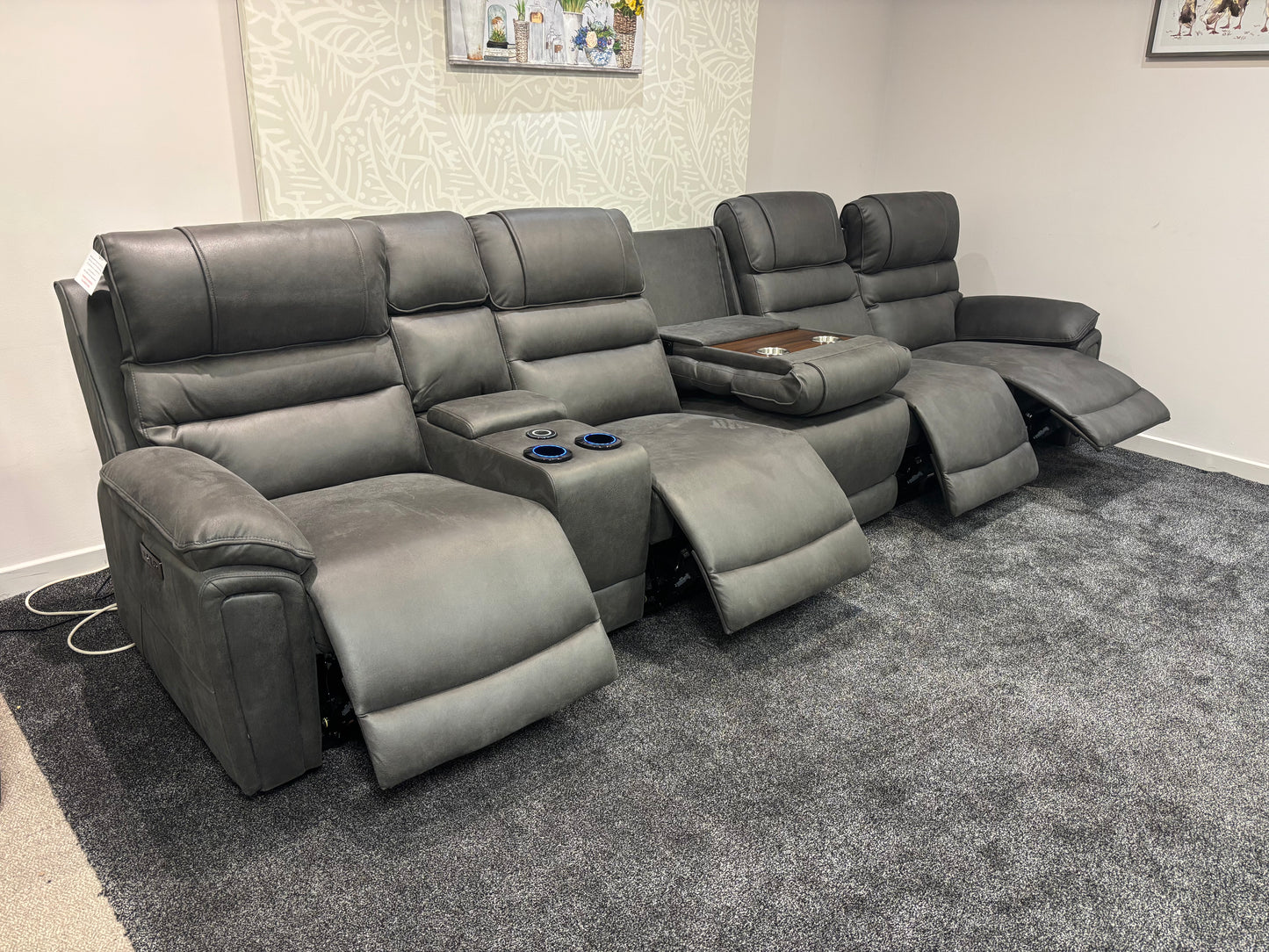 Donald Cinema Tech 5 Seater + Drinks Console Easy-Clean Suede Fabric Modular Power Recliner Sofa – Console, Drinks Coolers &amp; Wireless Charging