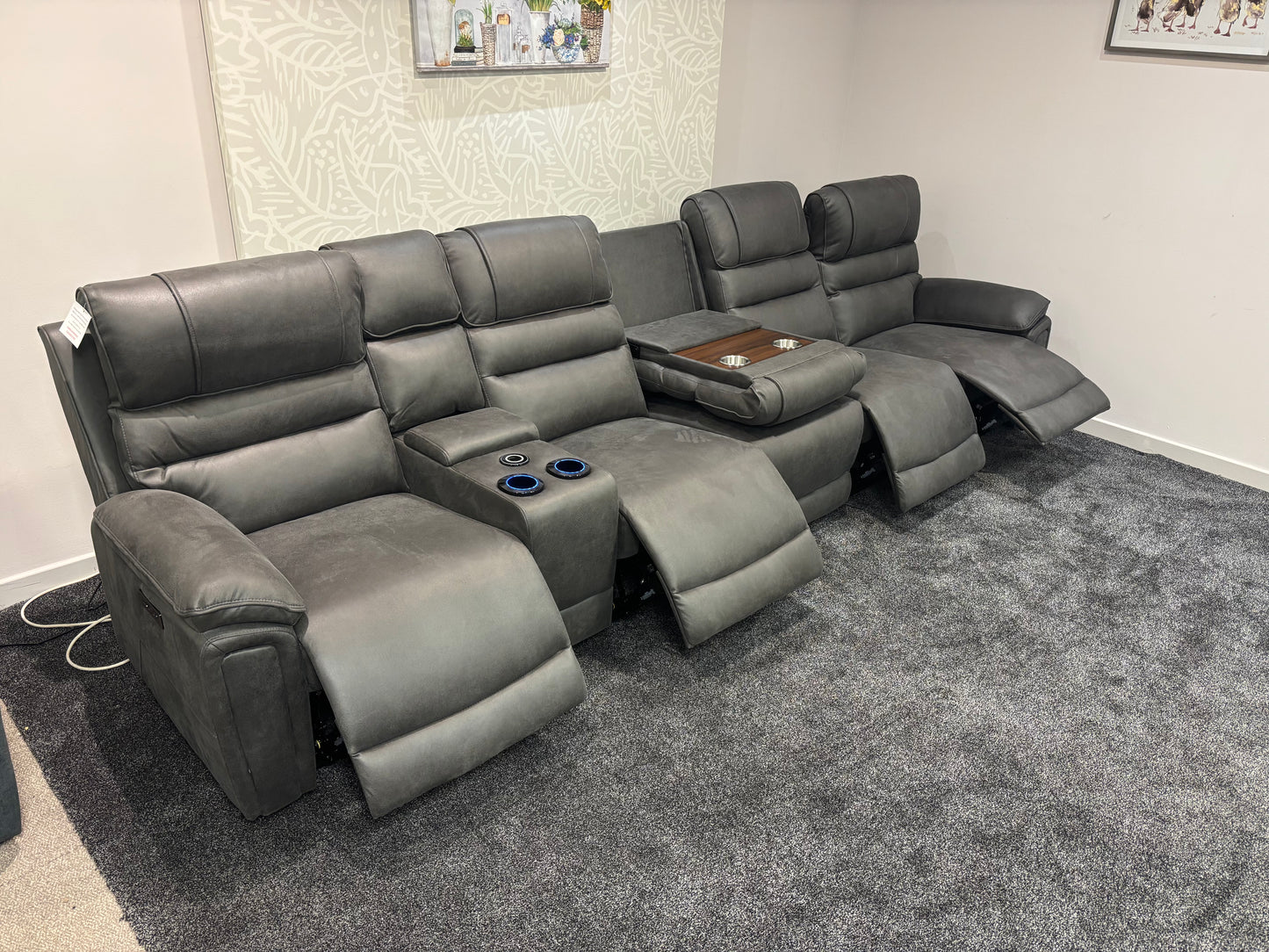 Donald Cinema Tech 5 Seater + Drinks Console Easy-Clean Suede Fabric Modular Power Recliner Sofa – Console, Drinks Coolers &amp; Wireless Charging