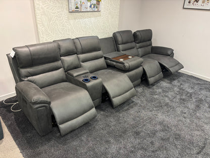 Donald Cinema Tech 5 Seater + Drinks Console Easy-Clean Suede Fabric Modular Power Recliner Sofa – Console, Drinks Coolers &amp; Wireless Charging