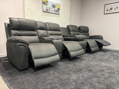 Donald Cinema Tech 5 Seater + Drinks Console Easy-Clean Suede Fabric Modular Power Recliner Sofa – Console, Drinks Coolers &amp; Wireless Charging