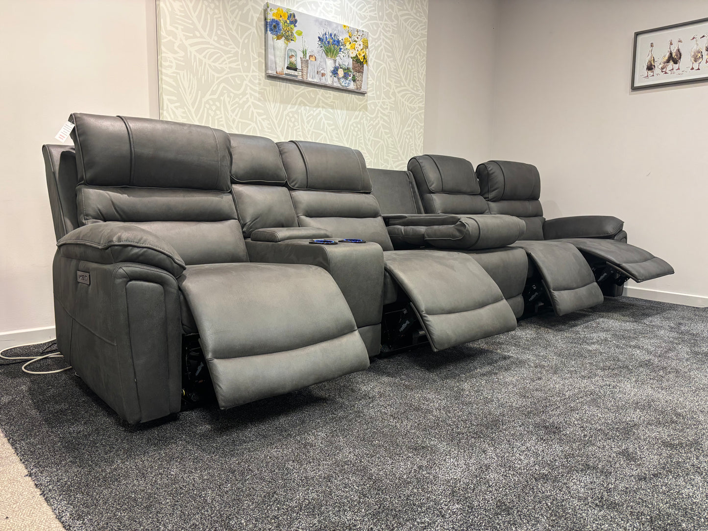 Donald Cinema Tech 5 Seater + Drinks Console Easy-Clean Suede Fabric Modular Power Recliner Sofa – Console, Drinks Coolers &amp; Wireless Charging