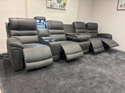 Donald Cinema Tech 5 Seater + Drinks Console Easy-Clean Suede Fabric Modular Power Recliner Sofa – Console, Drinks Coolers &amp; Wireless Charging
