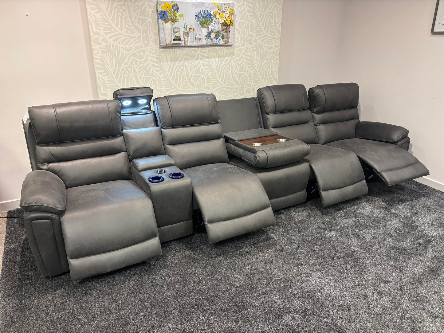 Donald Cinema Tech 5 Seater + Drinks Console Easy-Clean Suede Fabric Modular Power Recliner Sofa – Console, Drinks Coolers &amp; Wireless Charging