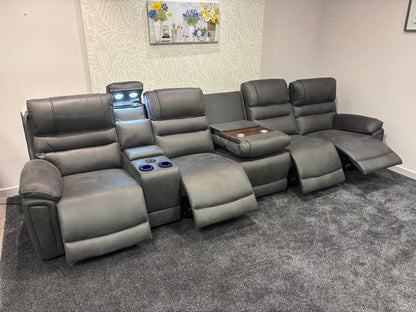 Donald Cinema Tech 5 Seater + Drinks Console Easy-Clean Suede Fabric Modular Power Recliner Sofa – Console, Drinks Coolers &amp; Wireless Charging
