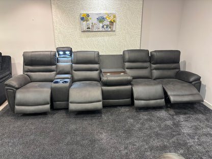 Donald Cinema Tech 5 Seater + Drinks Console Easy-Clean Suede Fabric Modular Power Recliner Sofa – Console, Drinks Coolers &amp; Wireless Charging
