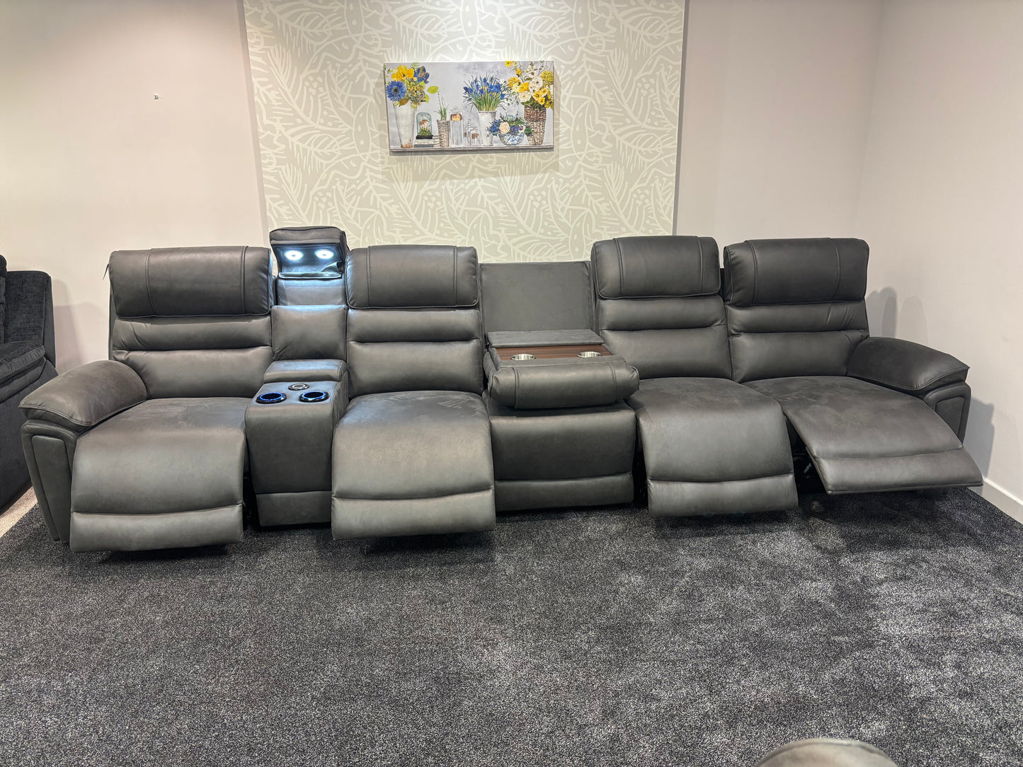 Donald Cinema Tech 5 Seater + Drinks Console Easy-Clean Suede Fabric Modular Power Recliner Sofa – Console, Drinks Coolers &amp; Wireless Charging