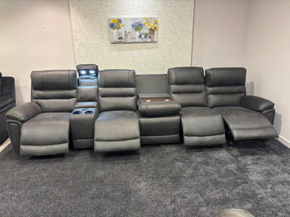 Donald Cinema Tech 5 Seater + Drinks Console Easy-Clean Suede Fabric Modular Power Recliner Sofa – Console, Drinks Coolers &amp; Wireless Charging