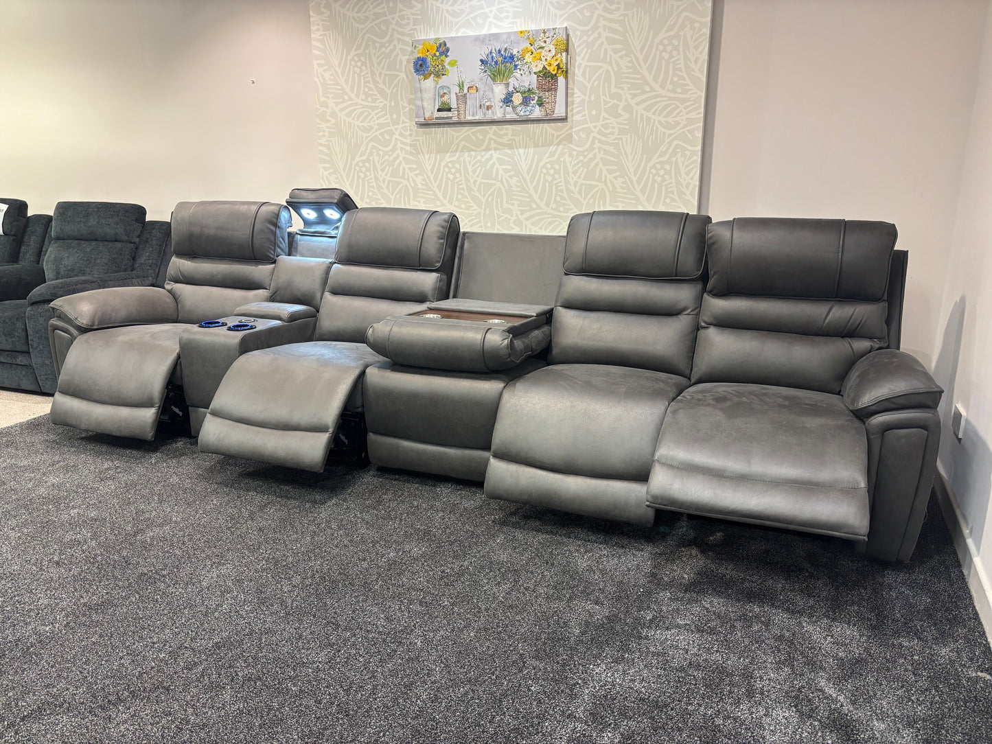 Donald Cinema Tech 5 Seater + Drinks Console Easy-Clean Suede Fabric Modular Power Recliner Sofa – Console, Drinks Coolers &amp; Wireless Charging