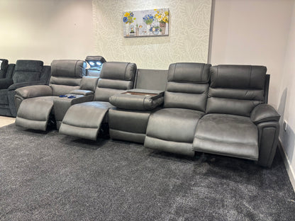 Donald Cinema Tech 5 Seater + Drinks Console Easy-Clean Suede Fabric Modular Power Recliner Sofa – Console, Drinks Coolers &amp; Wireless Charging