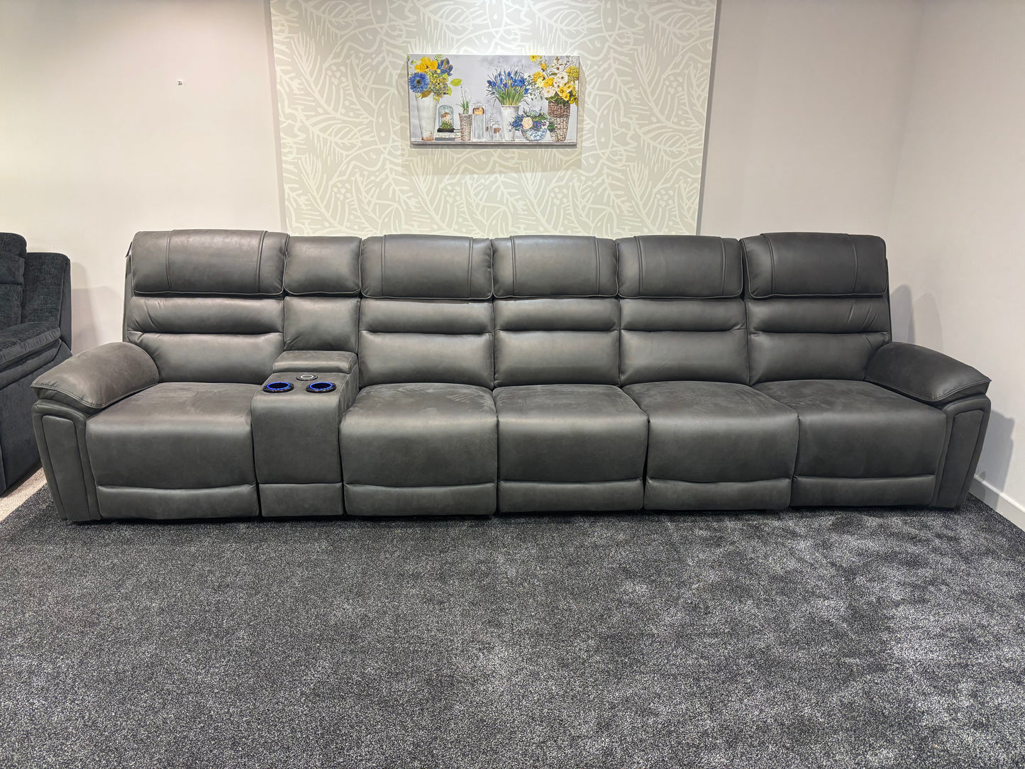 Donald Cinema Tech 5 Seater + Drinks Console Easy-Clean Suede Fabric Modular Power Recliner Sofa – Console, Drinks Coolers &amp; Wireless Charging