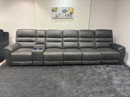 Donald Cinema Tech 5 Seater + Drinks Console Easy-Clean Suede Fabric Modular Power Recliner Sofa – Console, Drinks Coolers &amp; Wireless Charging