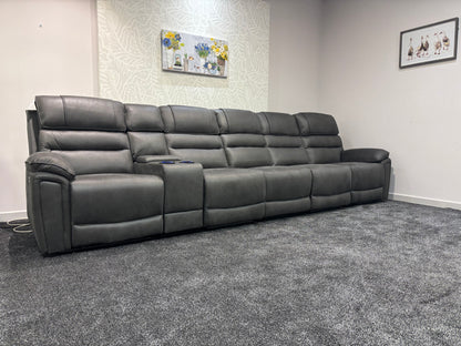 Donald Cinema Tech 5 Seater + Drinks Console Easy-Clean Suede Fabric Modular Power Recliner Sofa – Console, Drinks Coolers &amp; Wireless Charging