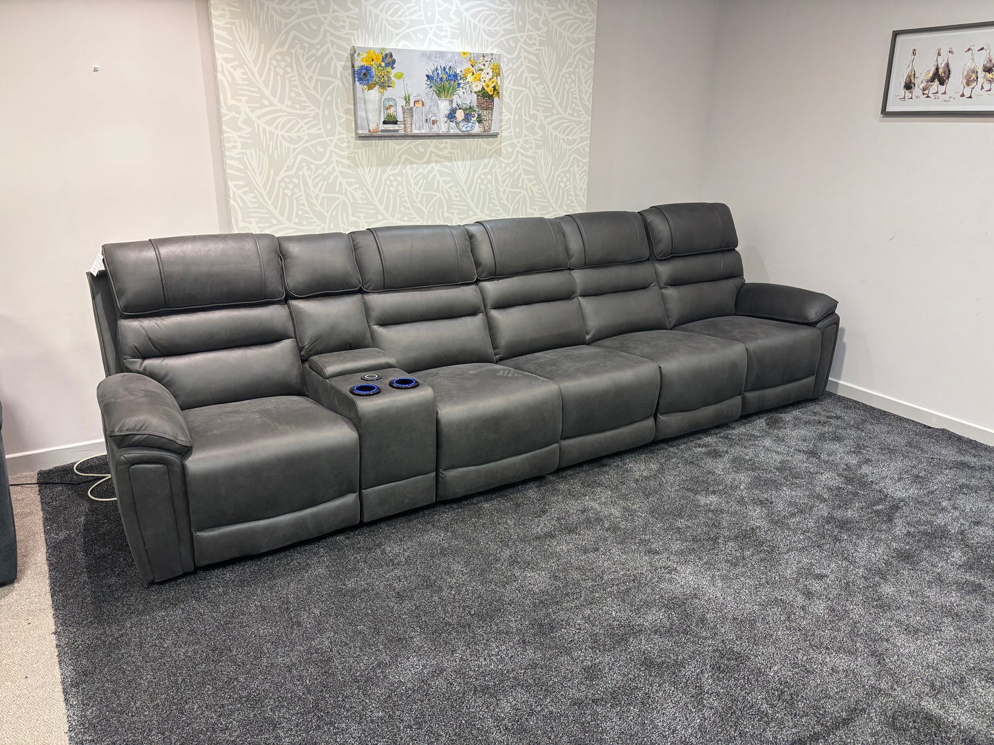 Donald Cinema Tech 5 Seater + Drinks Console Easy-Clean Suede Fabric Modular Power Recliner Sofa – Console, Drinks Coolers &amp; Wireless Charging