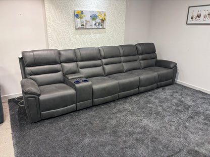 Donald Cinema Tech 5 Seater + Drinks Console Easy-Clean Suede Fabric Modular Power Recliner Sofa – Console, Drinks Coolers &amp; Wireless Charging