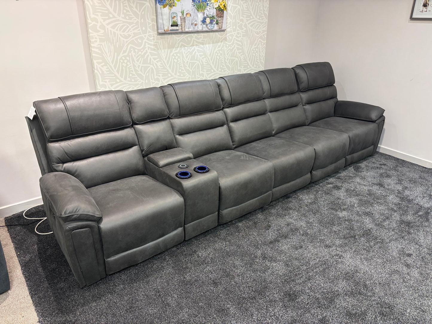 Donald Cinema Tech 5 Seater + Drinks Console Easy-Clean Suede Fabric Modular Power Recliner Sofa – Console, Drinks Coolers &amp; Wireless Charging