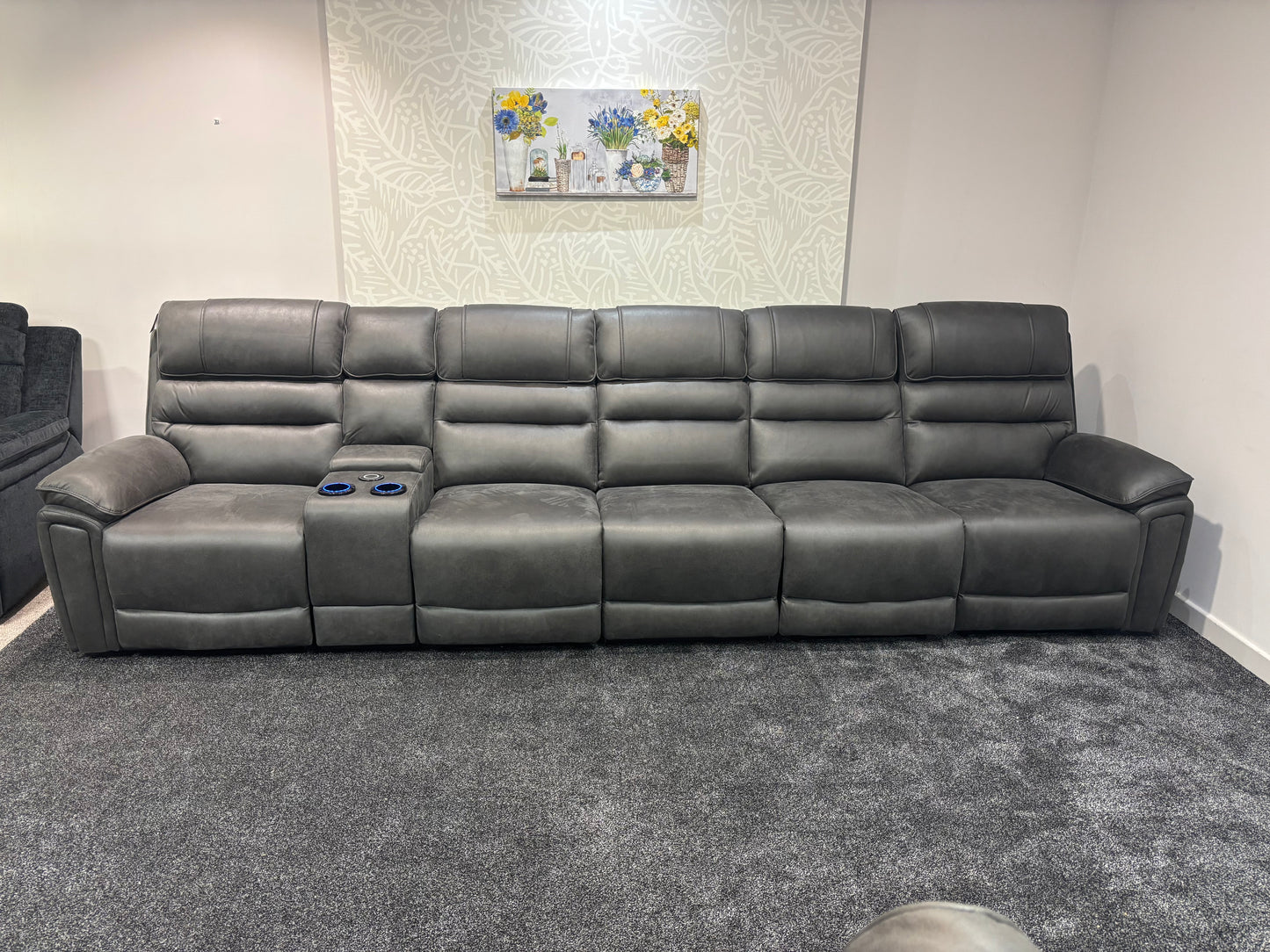 Donald Cinema Tech 5 Seater + Drinks Console Easy-Clean Suede Fabric Modular Power Recliner Sofa – Console, Drinks Coolers &amp; Wireless Charging