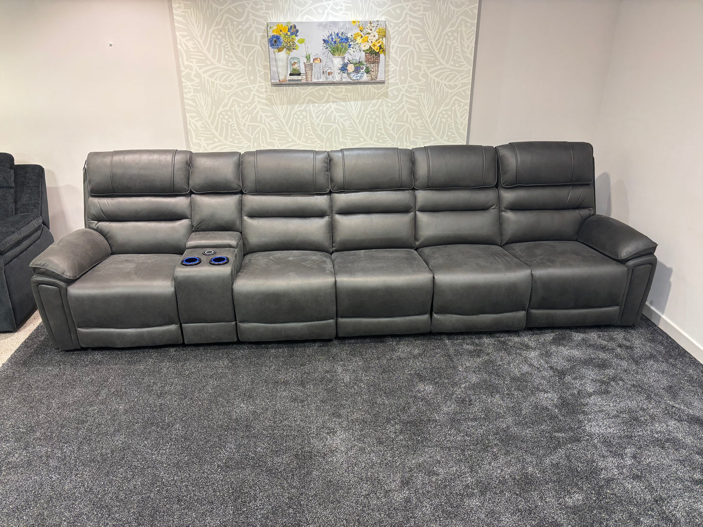 Donald Cinema Tech 5 Seater + Drinks Console Easy-Clean Suede Fabric Modular Power Recliner Sofa – Console, Drinks Coolers &amp; Wireless Charging