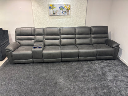 Donald Cinema Tech 5 Seater + Drinks Console Easy-Clean Suede Fabric Modular Power Recliner Sofa – Console, Drinks Coolers &amp; Wireless Charging