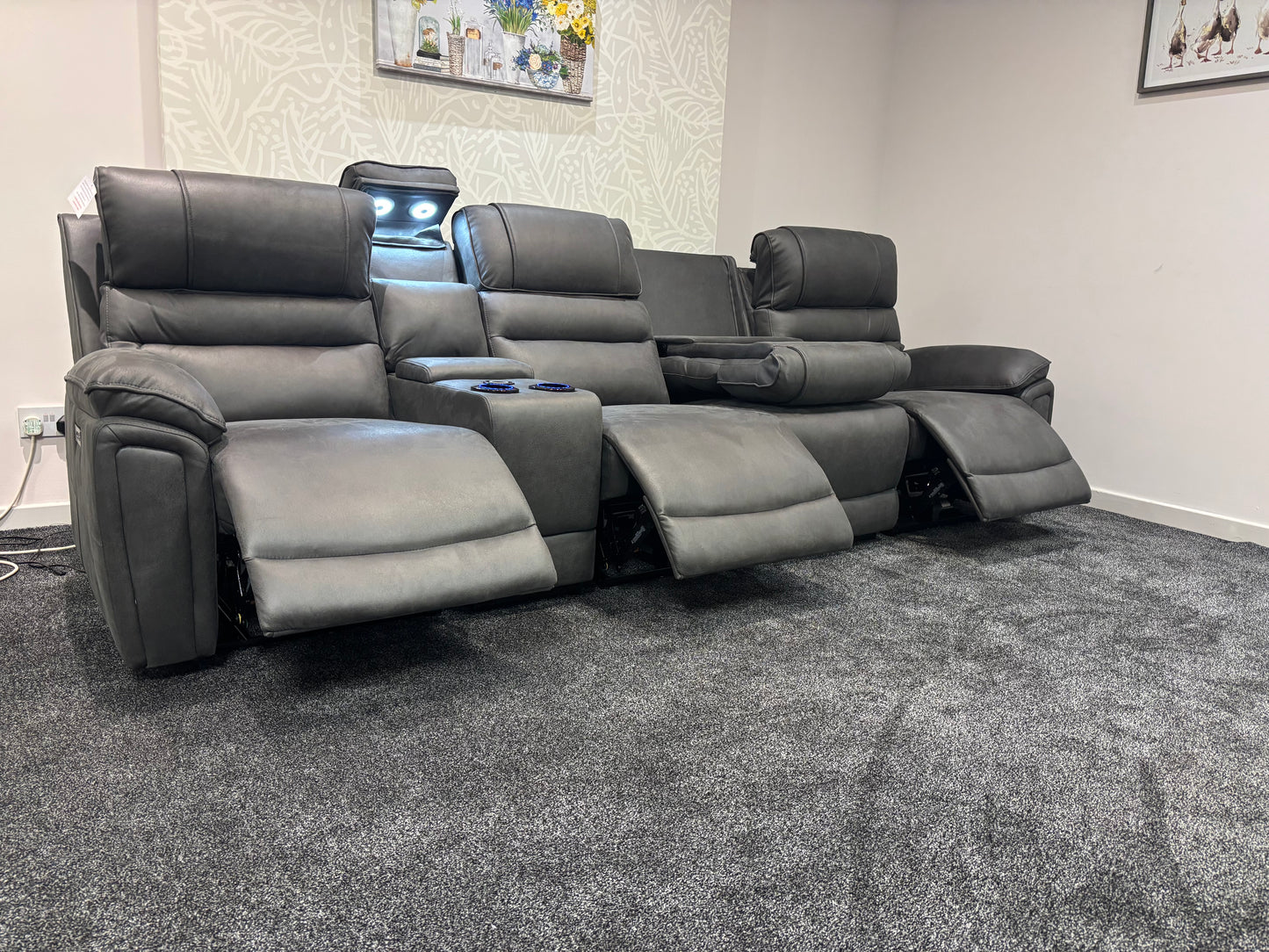 Donald Cinema Tech 4 Seater Easy-Clean Suede Fabric Modular Power Recliner Sofa – Console, Drinks Coolers &amp; Wireless Charging