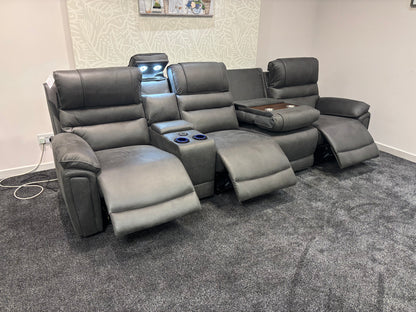 Donald Cinema Tech 4 Seater Easy-Clean Suede Fabric Modular Power Recliner Sofa – Console, Drinks Coolers &amp; Wireless Charging