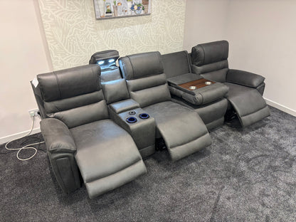 Donald Cinema Tech 4 Seater Easy-Clean Suede Fabric Modular Power Recliner Sofa – Console, Drinks Coolers &amp; Wireless Charging