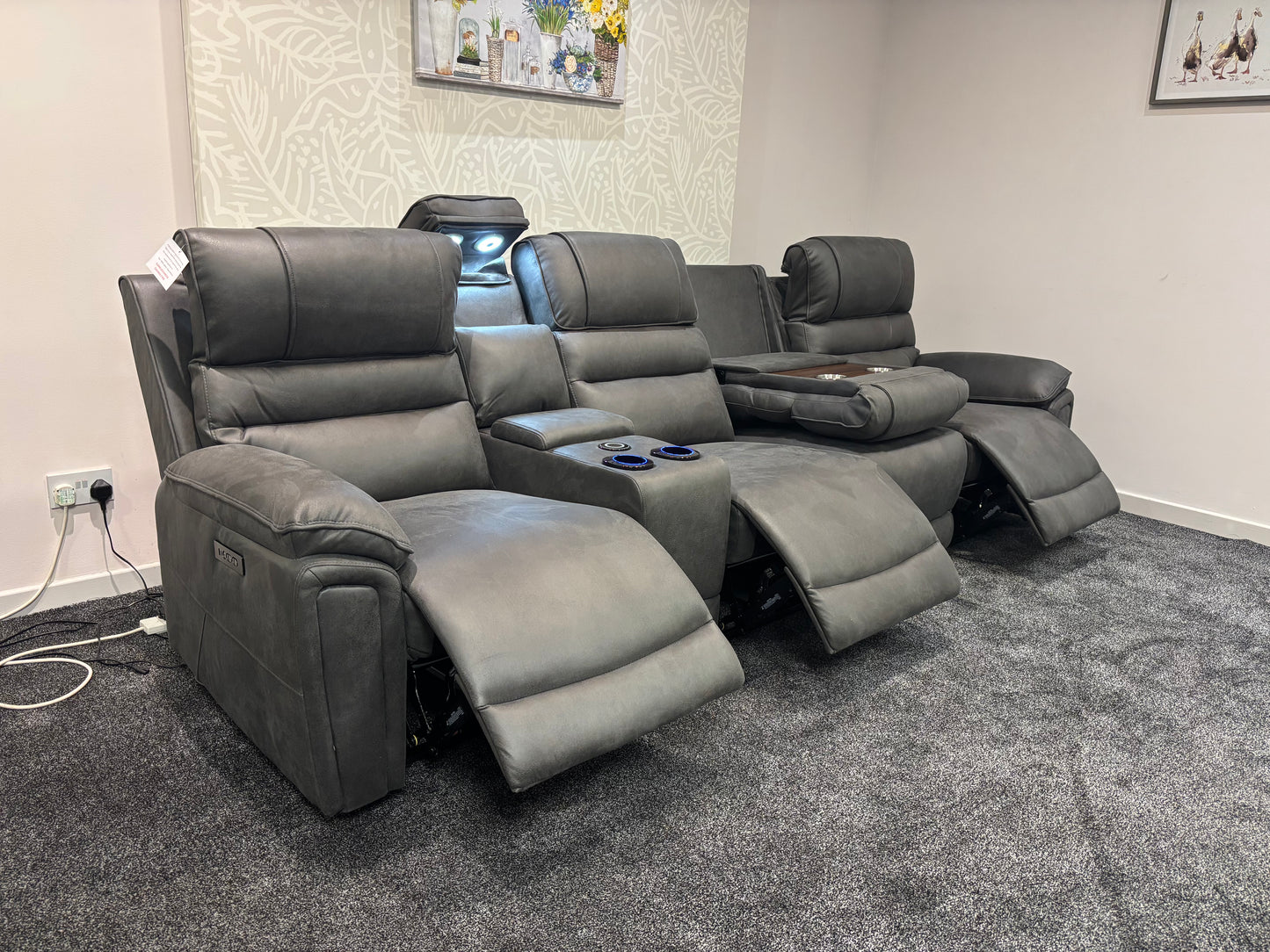 Donald Cinema Tech 4 Seater Easy-Clean Suede Fabric Modular Power Recliner Sofa – Console, Drinks Coolers &amp; Wireless Charging