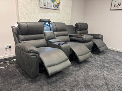 Donald Cinema Tech 4 Seater Easy-Clean Suede Fabric Modular Power Recliner Sofa – Console, Drinks Coolers &amp; Wireless Charging