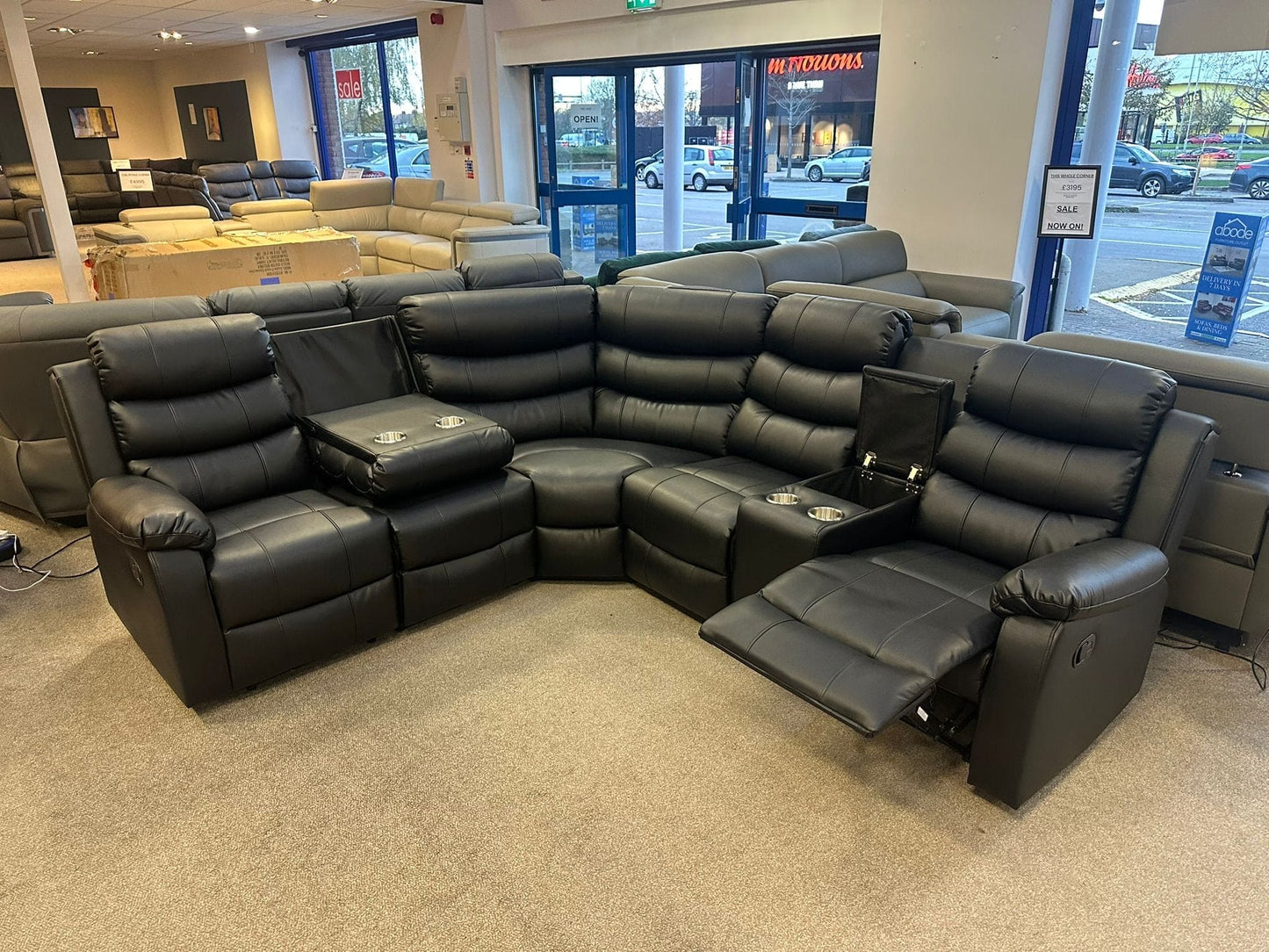 Black Leather 'Lando' 2c2c Reclining Corner Sofa |  Reversible & Modular | Drinks Console | High Backrest | Built To Fit Any Home | Couch |